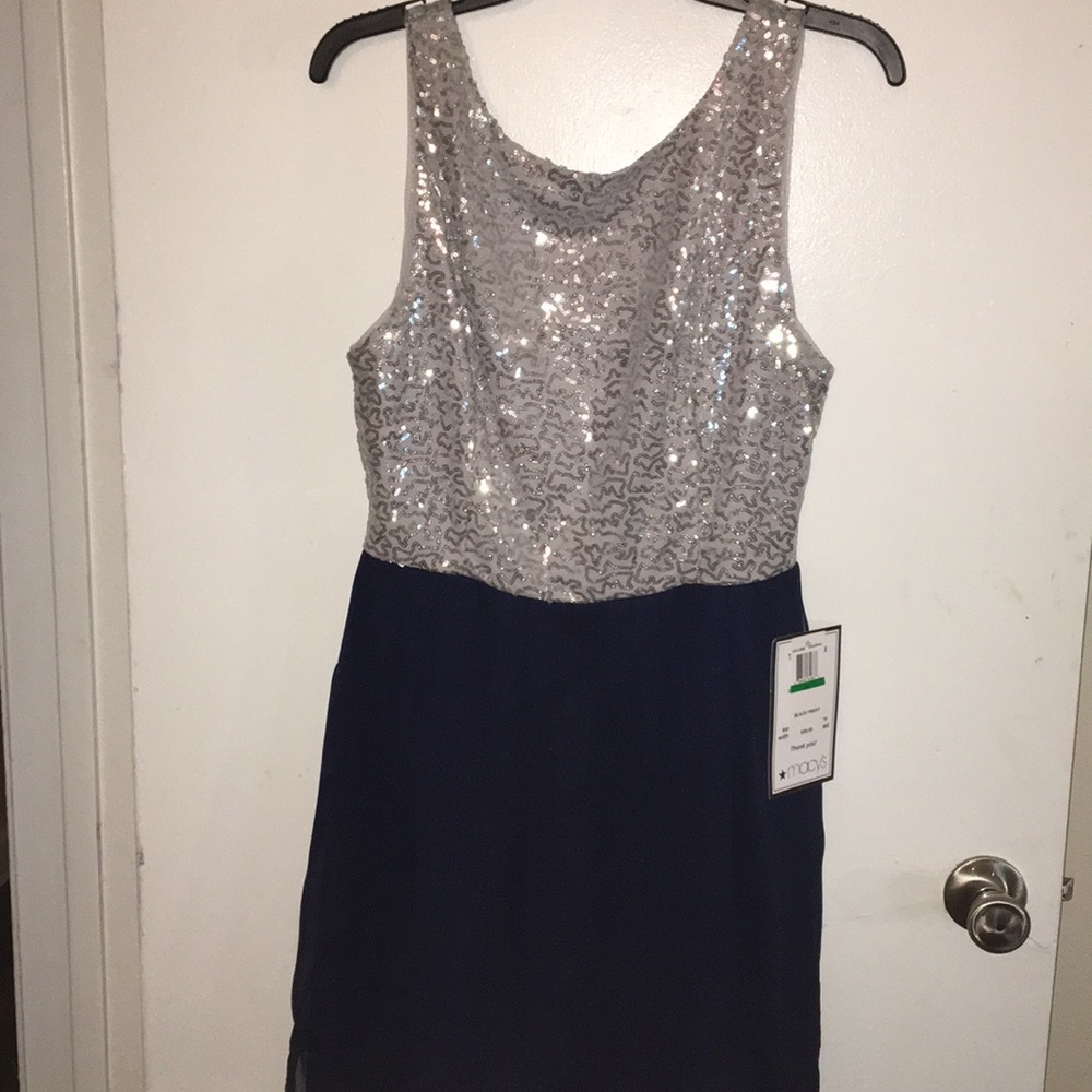 Macy’s navy and silver strapless dress NWT